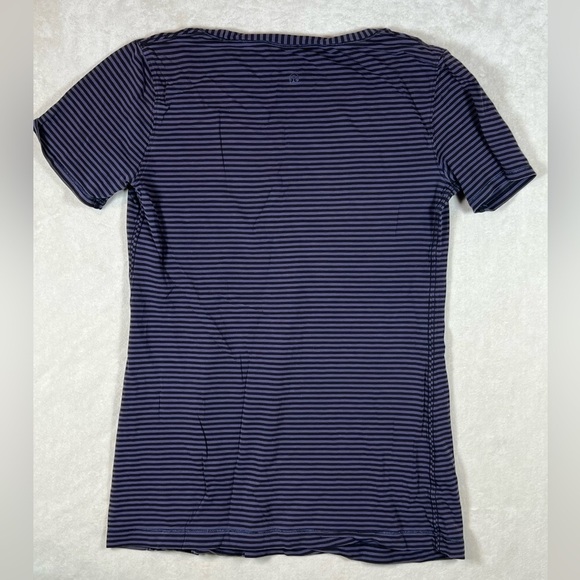 Lululemon Size 8 Classic Scoop Hoop Neck Purple Black Stripe Shirt EUC ALO Lulu - Picture 5 of 9